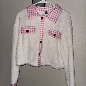 Chic White and Pink Cropped Jacket and Skirt